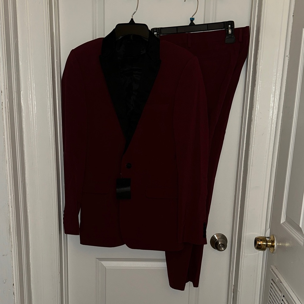 ASOS Men's Burgundy Suit with Black Satin Lapel
